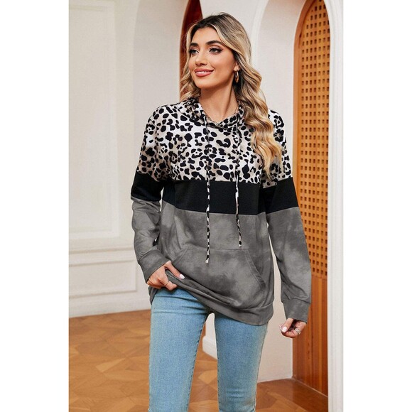 Women's Charcoal Leopard Drawstring Hoodie with Pocket size Large - Picture 4 of 5